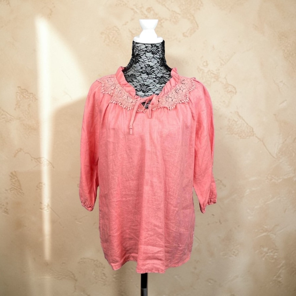 Boho Peasant Linen Blouse Crochet Trim 3/4 Sleeve Tunic Top Coral Medium Cottage